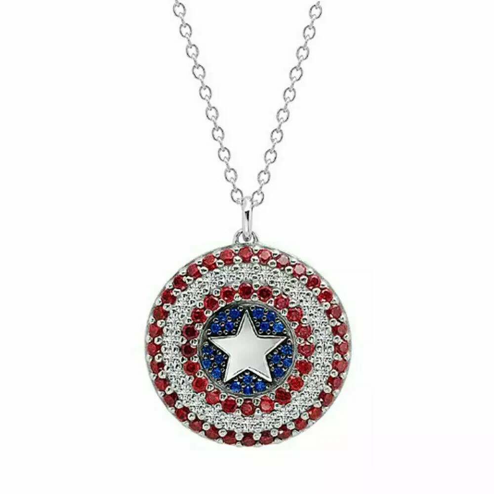 Captain America Round Diamond Pendant Shield Necklace in 14K White Gold Finish