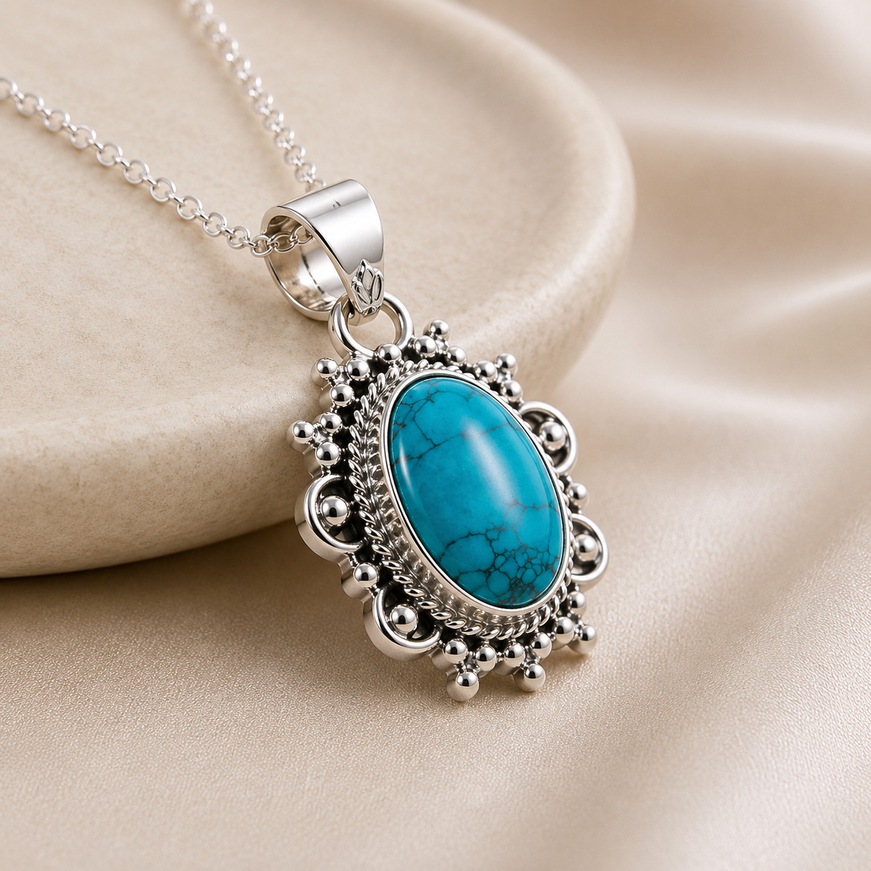 925 Sterling Silver Turquoise Pendant Necklace Oval Boho Vintage Handmade Gift