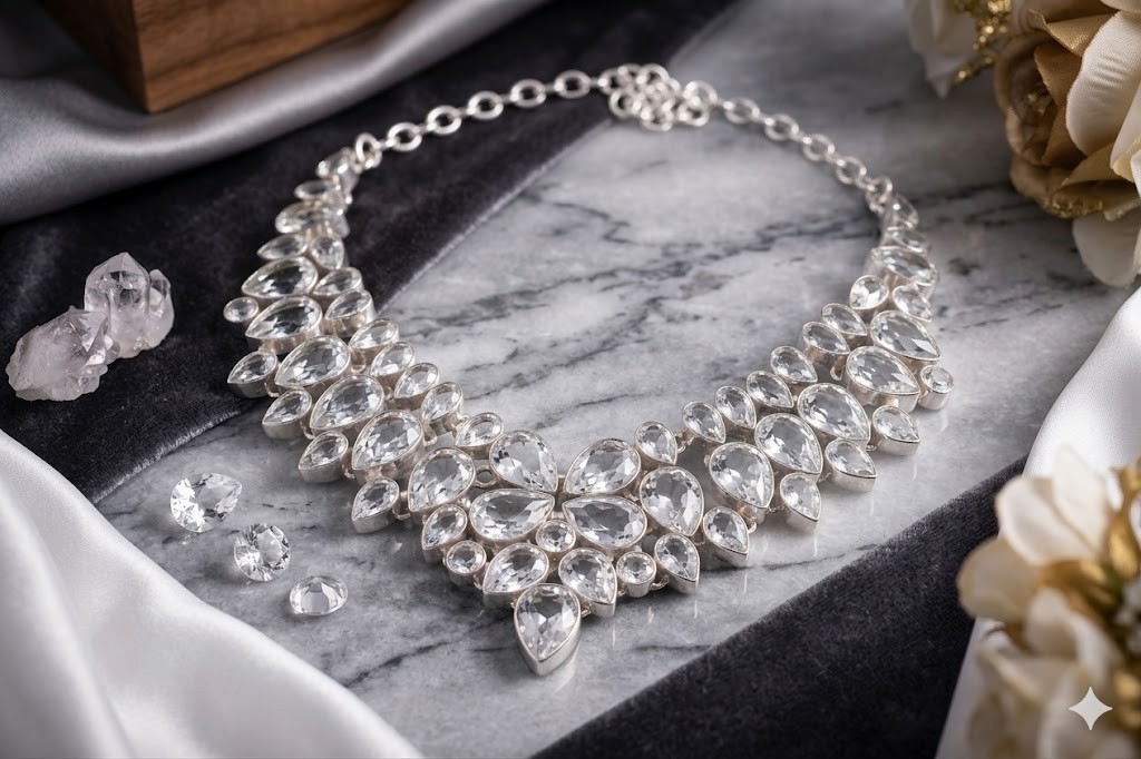 White Topaz Gemstone Handmade 925 Sterling Silver Jewelry Necklace Size-18