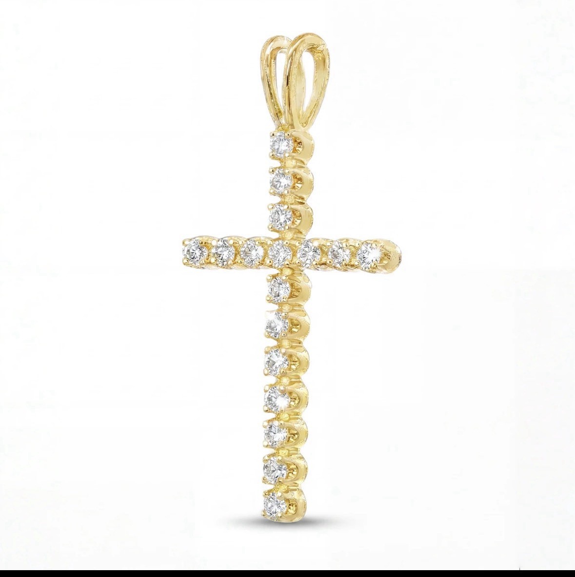 14K Yellow Gold Diamond Cross Pendant Prong Set Round White/Colorless