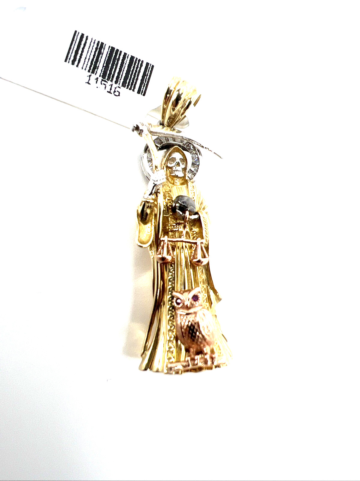 10K Tri-Color Gold Santa Muerte Pendant 2″ Italian CZ Santisima Muerte Authentic