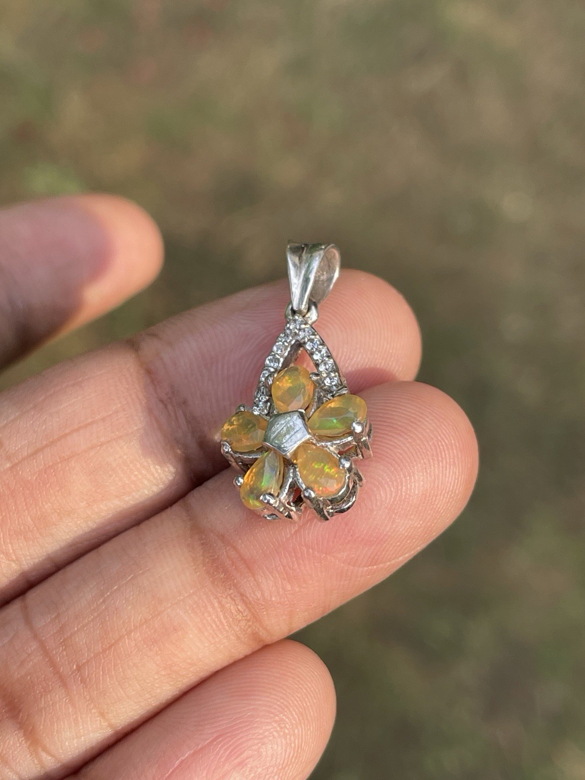 Natural Ethiopian Opal Flower Pendant | 925 Sterling Silver Rhodium Plated