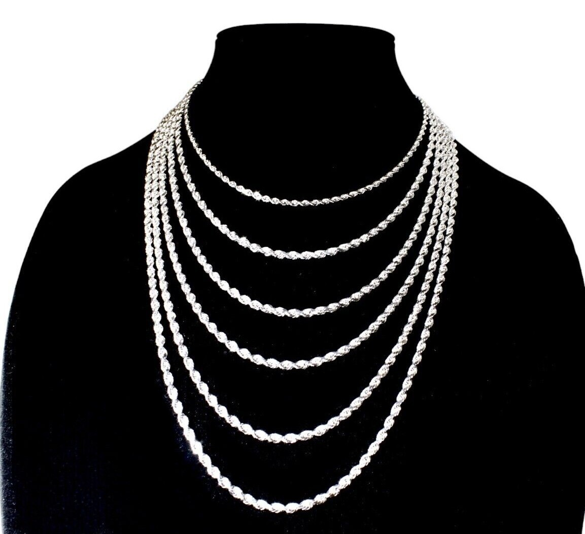 10K White Gold Rope Chain Necklace Bracelet Diamond Cut Real Gold 2mm-5mm 7″-30″