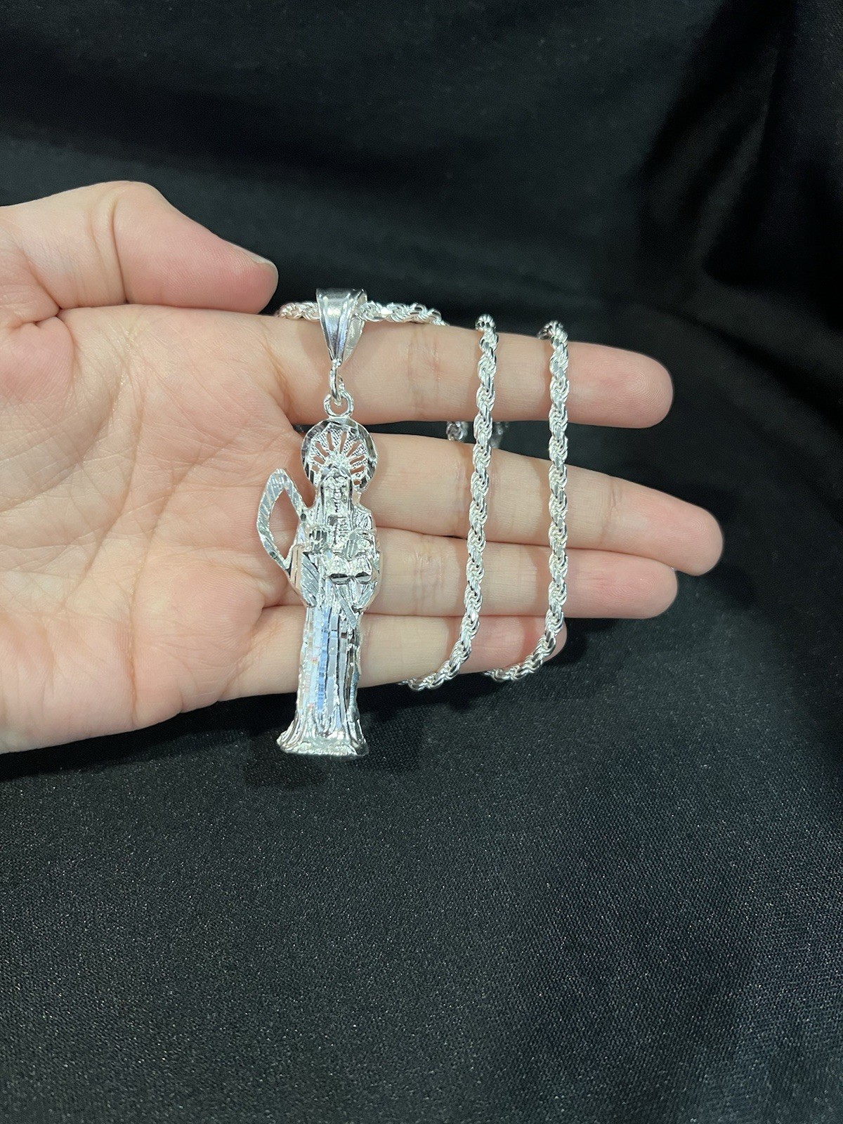925 Sterling Silver Mens Womens Santa Muerte Grim Reaper & Rope Chain 20 26 30