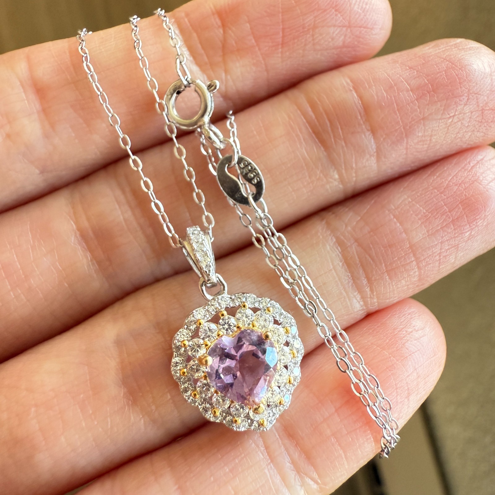 925 Sterling Silver Necklace 5mm Heart Natural Amethyst Gemstone Zircon Chain