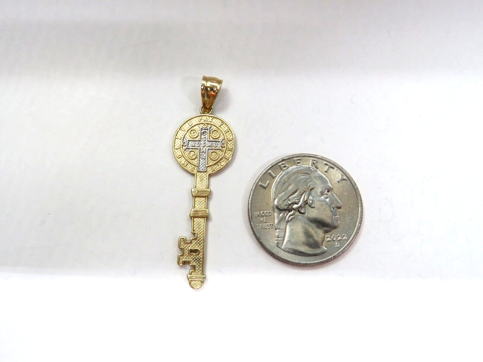 St BENEDICT 14K Yellow & White Gold Religious Key Pendant Charm