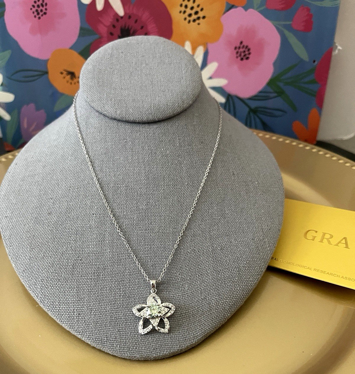 GRA Moissanite 1 CT Floral Pinwheel Turquoise Pendant Necklace NEW