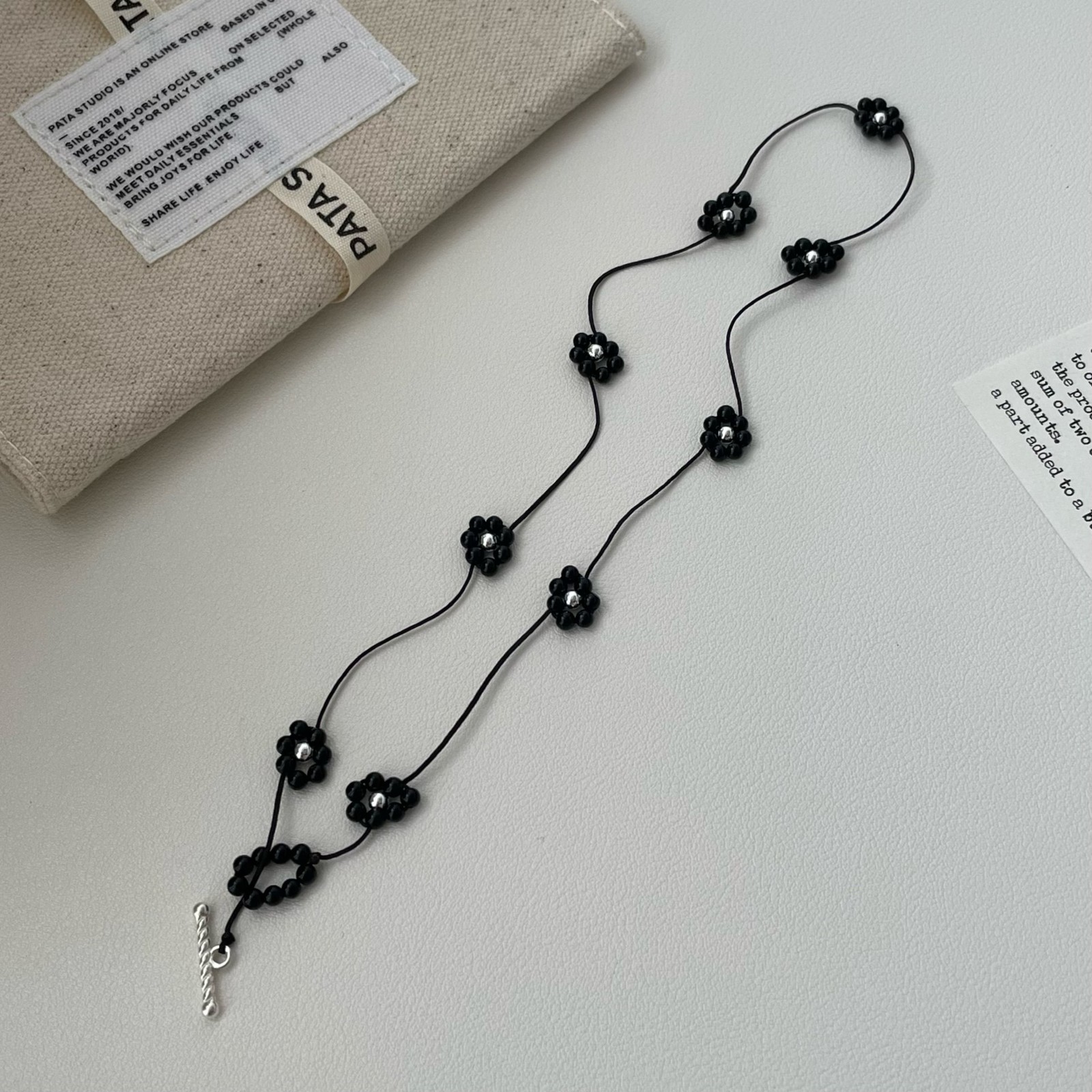 Dainty Black Flower Beaded Choker Necklace S925 Silver Minimalist Korean Jewelry