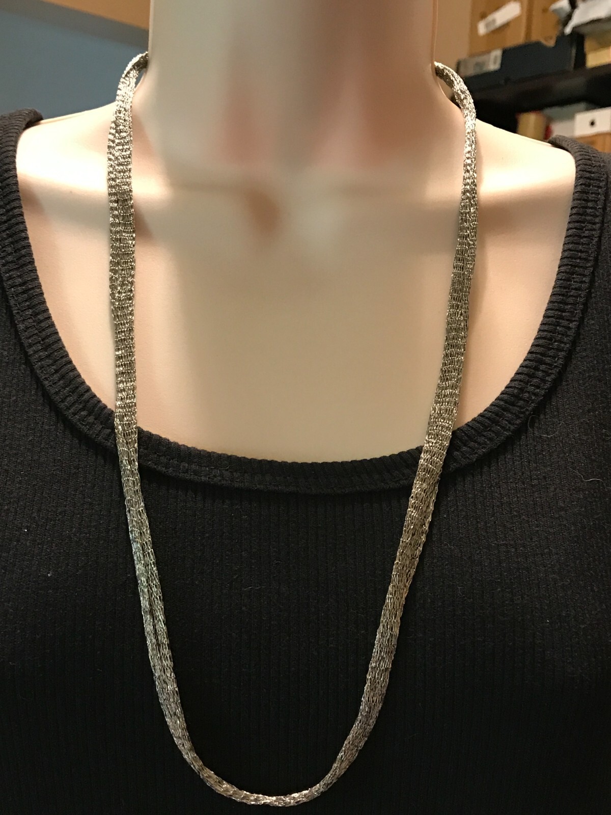 Fine 28″ Silver Woven Metal Flat Mesh Ribbon Chain Necklace Sterling Caps Clasp