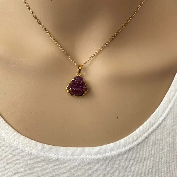 14K Solid Real Gold Laughing Male Buddha Natural Ruby Carved Pendant – Kid Size