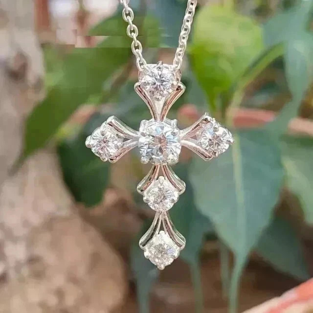 2.20Ct Round Cut Real Moissanite Women’s Cross Pendant 14K White Gold Plated