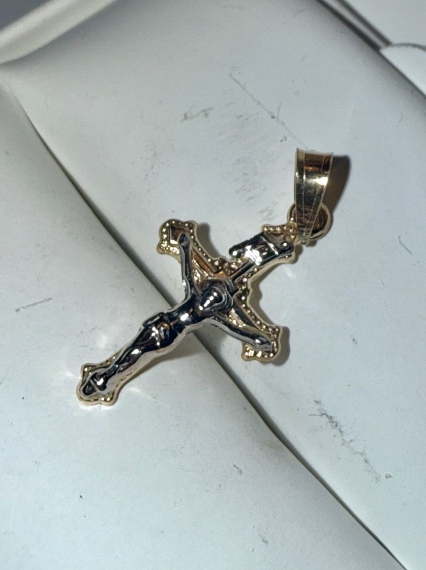 ESTATE Solid 14K Gold Two-Tone Crucifix Cross Miniature Pendant