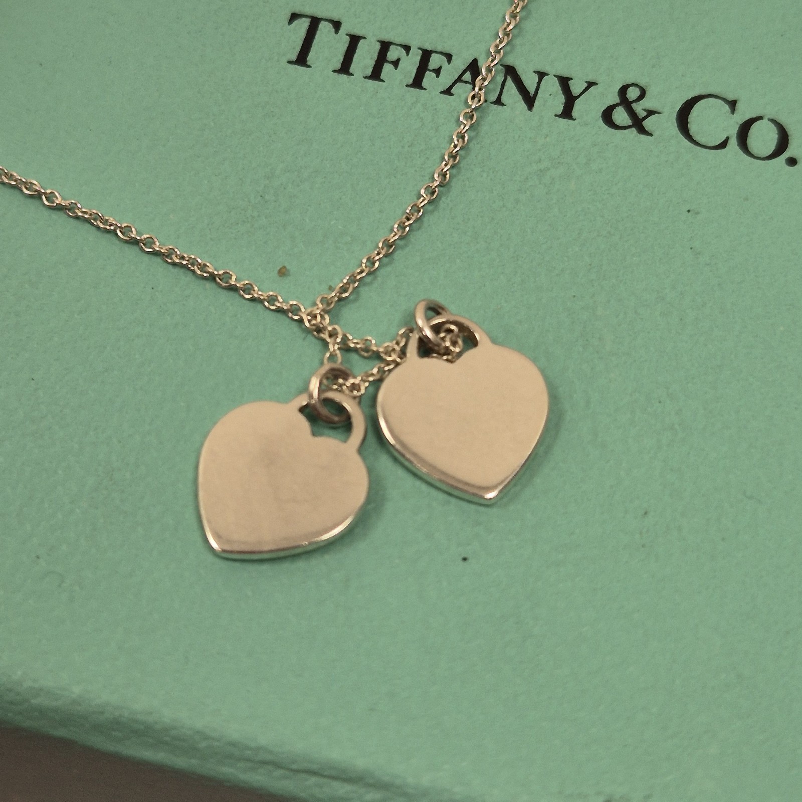 Tiffany & Co Return To Double Mini Green Enamel Heart Silver Necklace Sz 16″#2