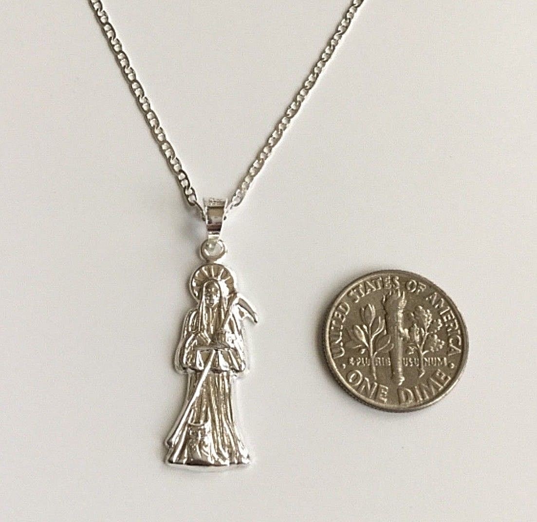 925 PLATA CADENA DE LA SANTA MUERTE 22″ LARGO/ GRIM REAPER NECKLACE 22” -32x10mm
