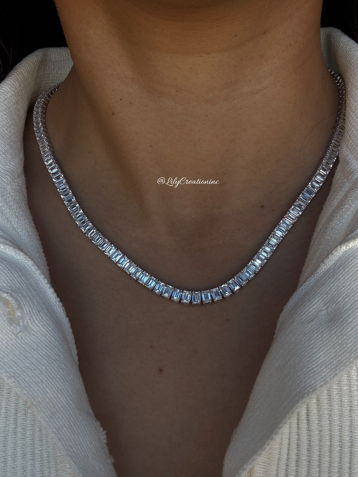 30 Ct Emerald Cut Lab Grown Diamond Tennis Necklace 15 Inch 14K Rose Gold