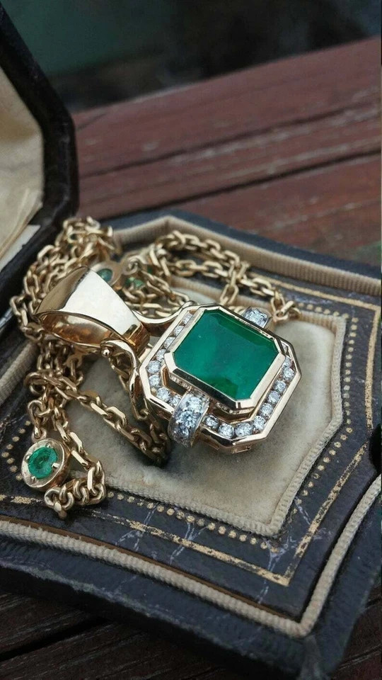 3 Ct Asscher Cut Lab Created Emerald Diamond Halo Pendant 14K Yellow Gold Finish