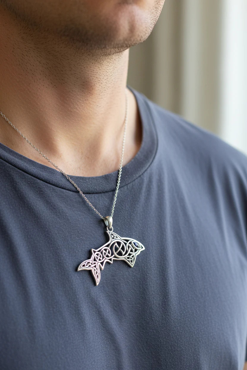 Celtic Shark Necklace in Sterling Silver 925 Large Nautical Beach Pendant