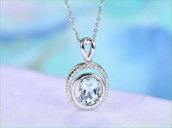 2.00Ct Oval Cut Aquamarine Halo Pendant 14K White Gold Finish 18″ Free Chain