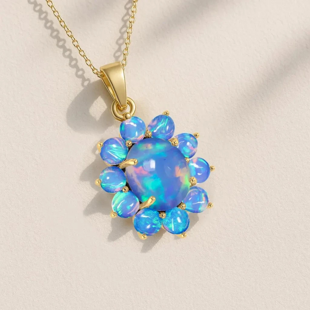 Ethiopian Blue Opal Gemstone Charm Pendant Necklace, Genuine Opal Gemstone