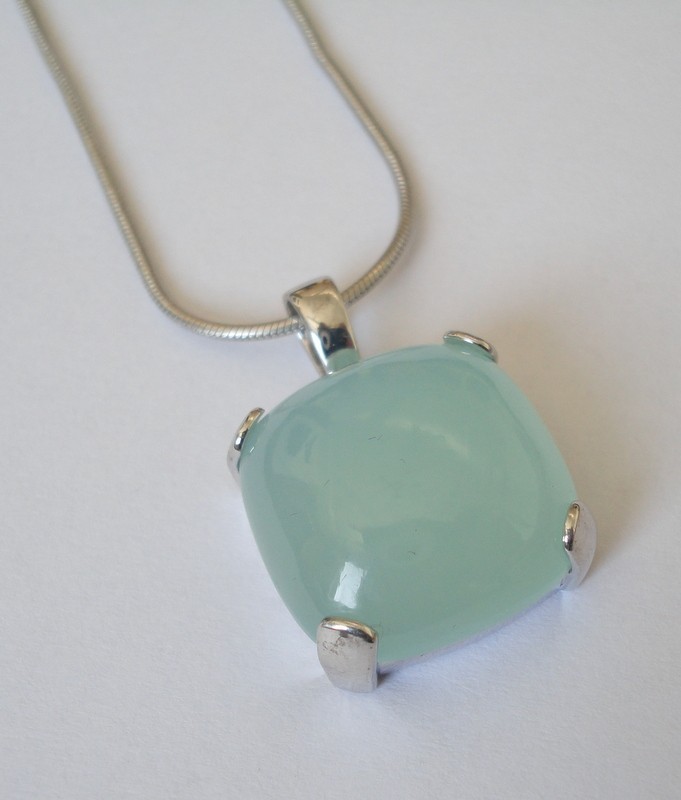 925 Sterling Silver Chalcedony Cushion Pendant Blue Cabochon Statement Necklace