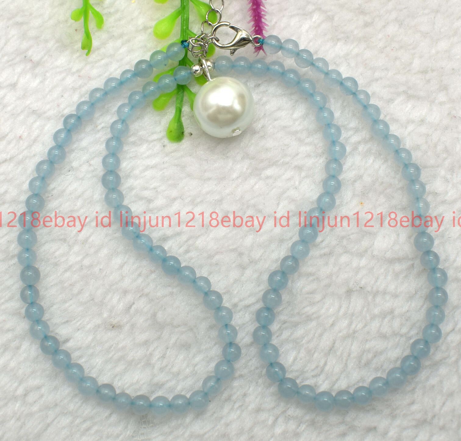 4mm Light Blue Jade Round Gems Beaded White Shell Pearl Pendant Necklace 16-28in