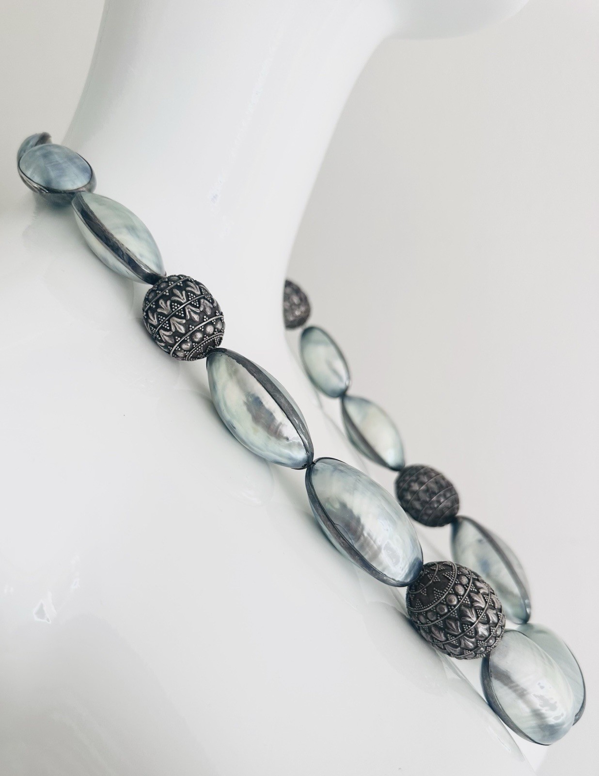 Rare Nautilus Osmena Pearl Antique 925 Silver Necklace 70cm Blue-Gray Iridescent
