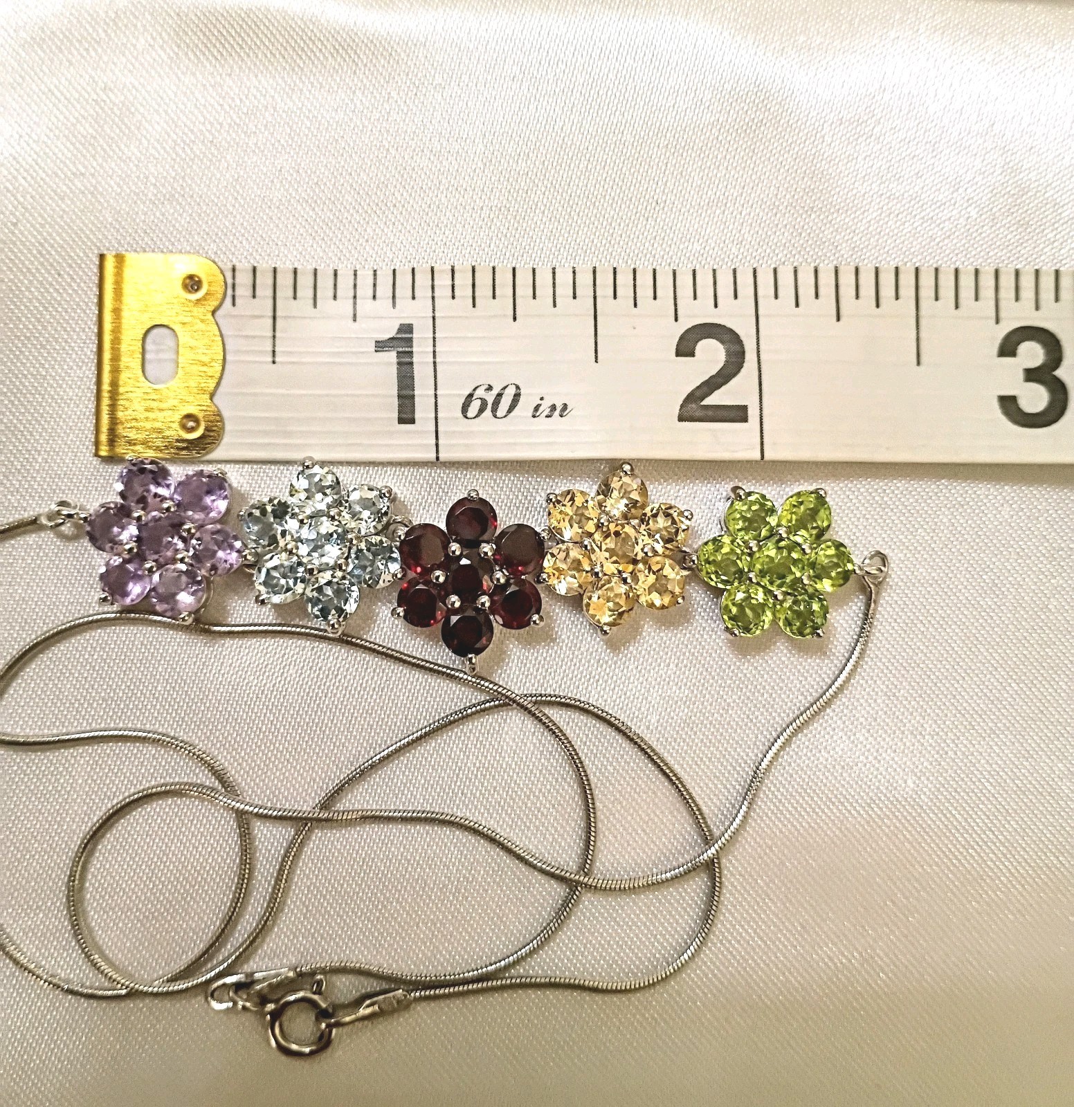 Silver Genuine Gemstone 5 Multicolor Flower Clusters 18″ Snake Chain Necklace
