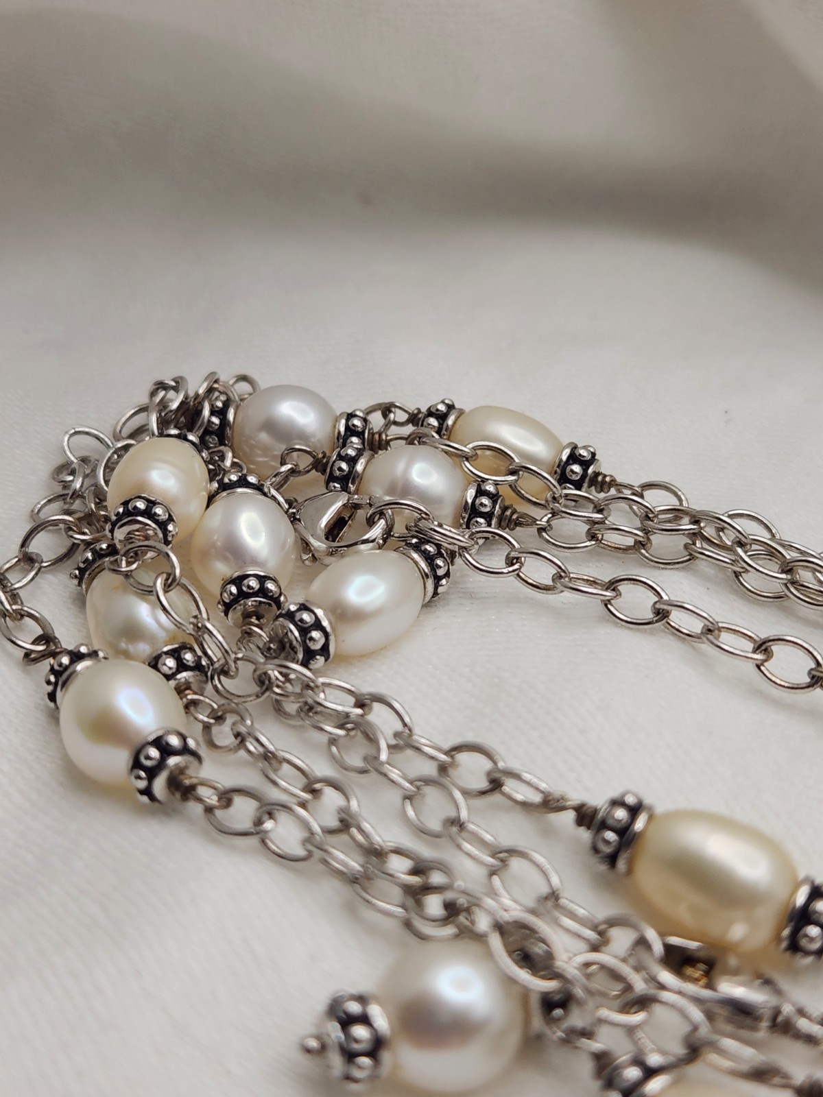 Set Of Two 32″ Honora Silver And Pearl Station Necklaces Signed 925