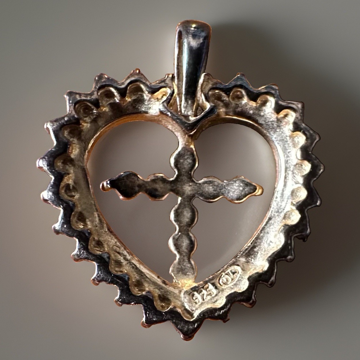Sterling Silver Two Tone Vermeil Heart Cross Love Pendant Marked RL?