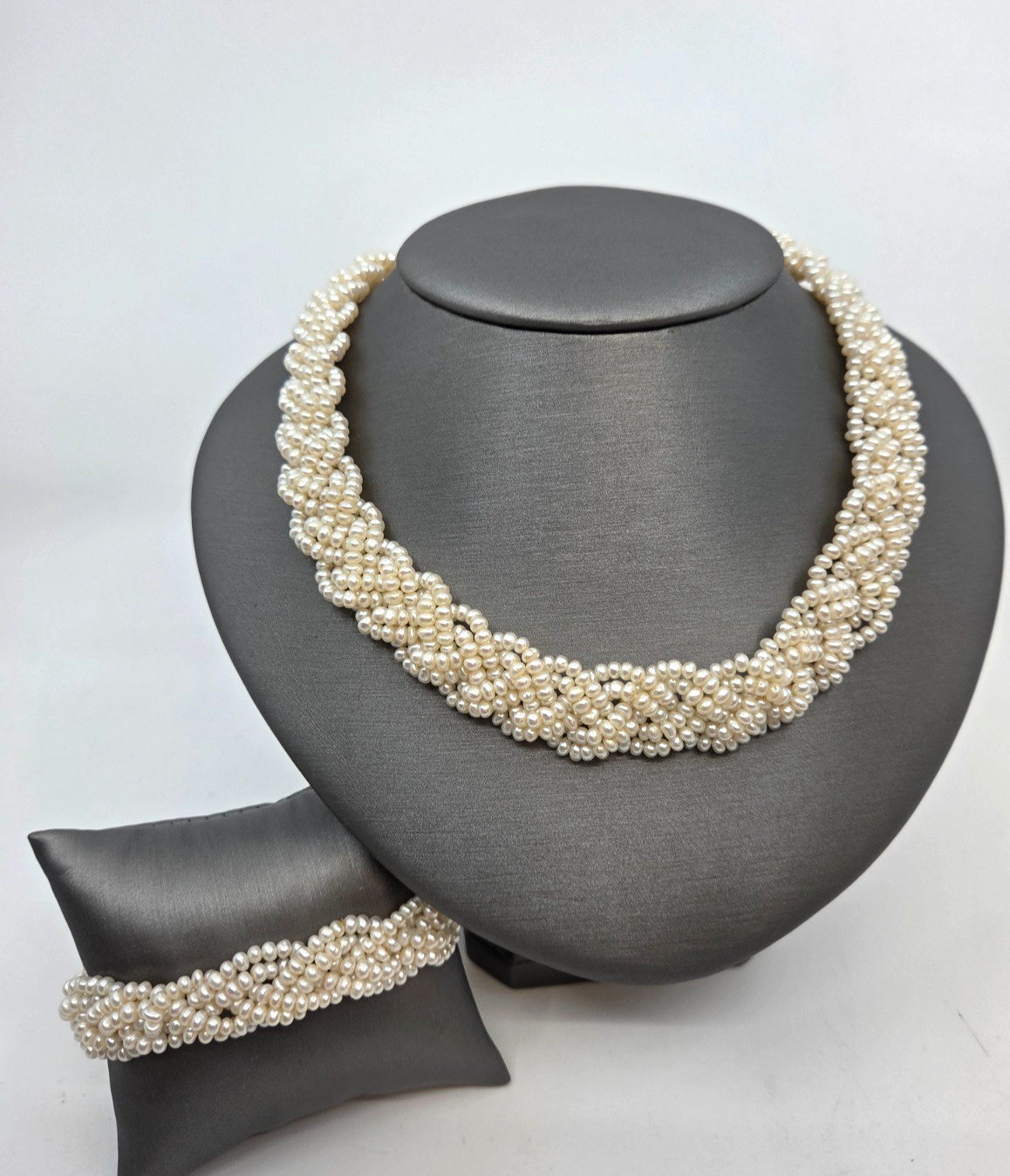 Honora Braided Pearl Torsade Necklace Sterling Silver clasp & Bracelet Set