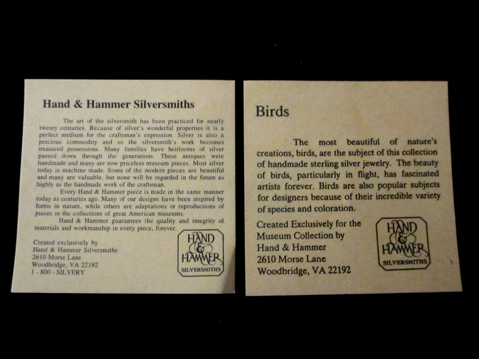 Hand & Hammer Sterling Silver Birds Pendant/Ornament w/Original Box & Brochure