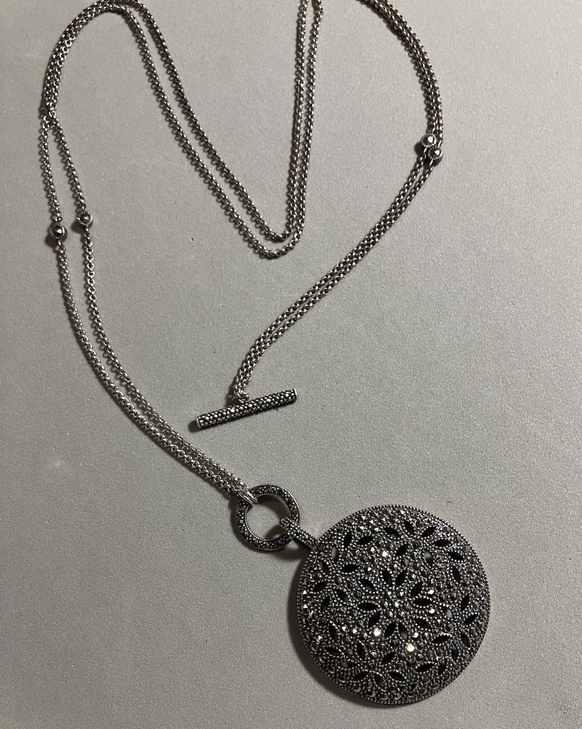 Vintage Judith Jack $285 Sterling Silver 925 Marcasite Dome Pendant Necklace 36”