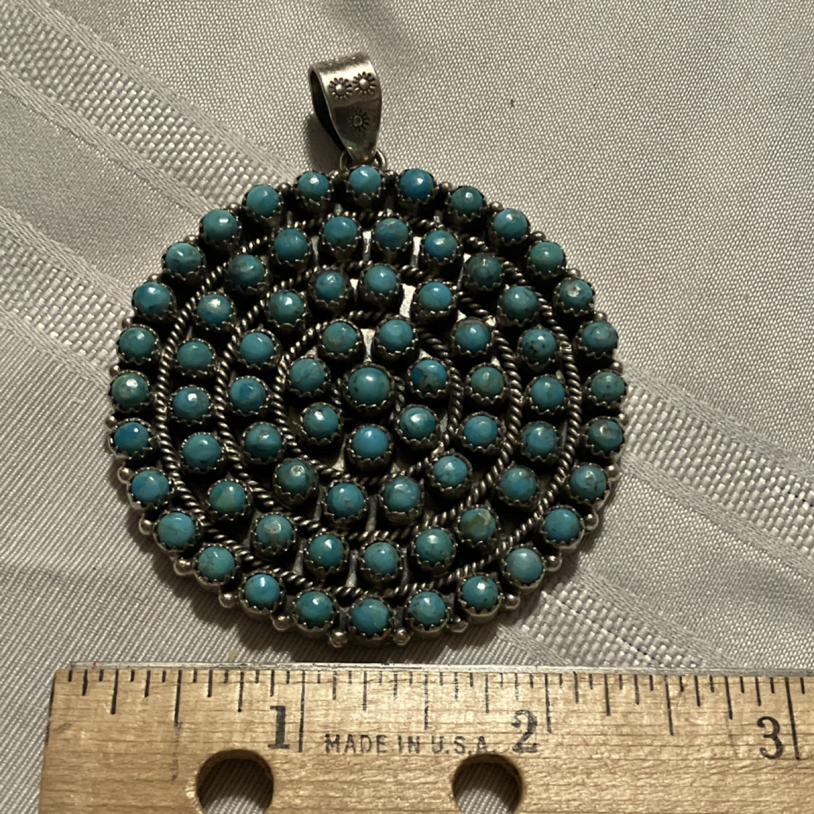 Kingman Turquoise Navajo Made Round Cluster Pendant 2.25″ 44g Sterling 925