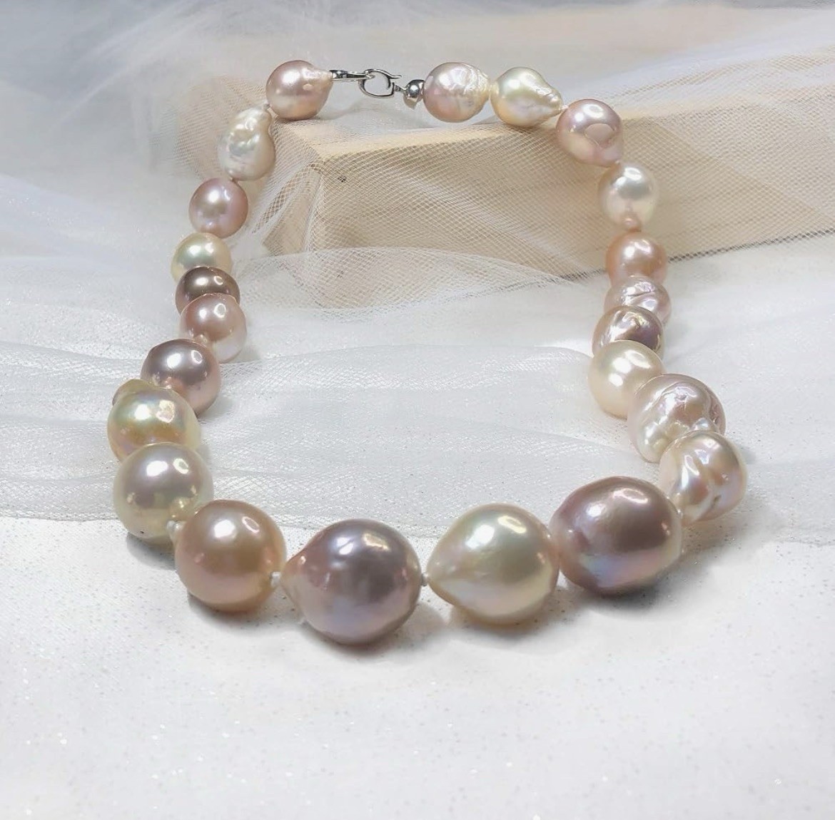 Natural Multi-color South Sea Beaded Pearl Necklace 12-15mm 16”925silver