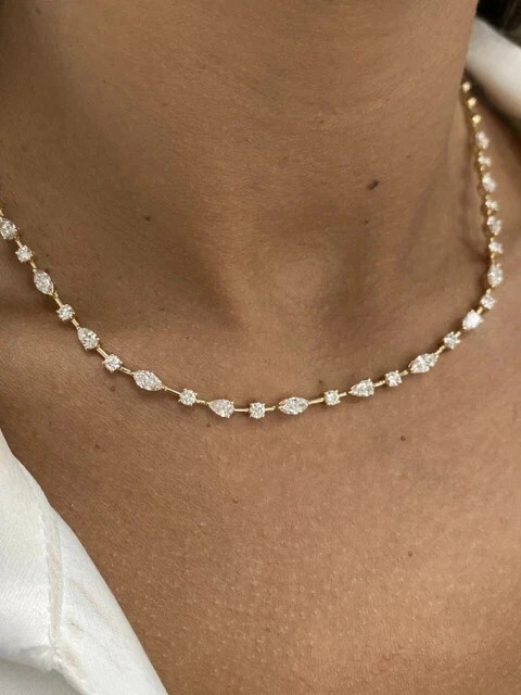 5 CT Pear Cut White Moissanite Women’s Tennis Necklace 14K Yellow Gold Plated
