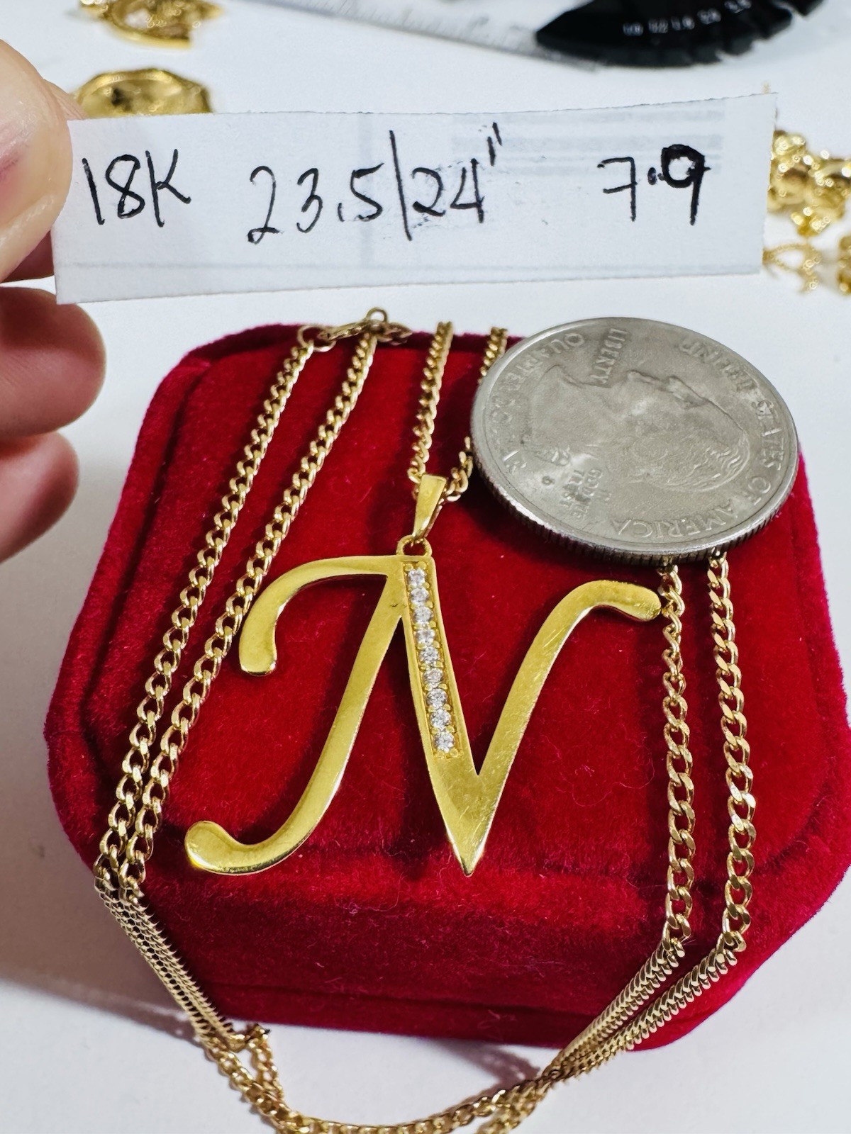 18K 750 Real Fine Gold Men Women’s Letter N Set Necklace 23.5/24” long 7.9g 2mm