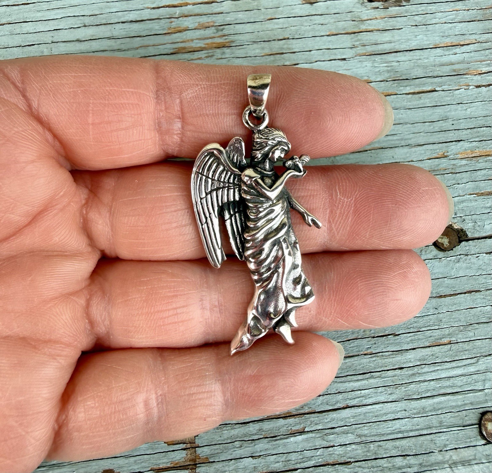 Heavy Sterling Silver 925 Guardian Angel Holding A Bird Pendant For Necklace 2”