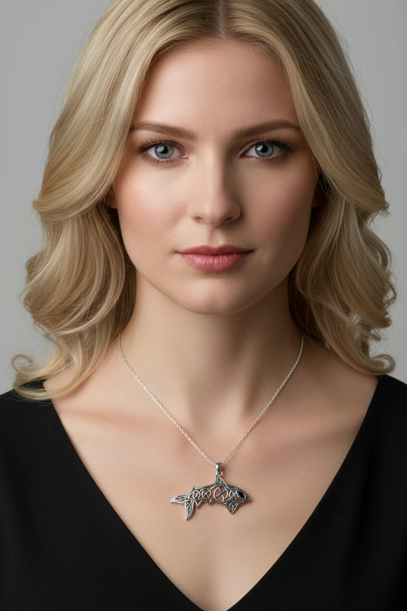 Celtic Shark Necklace in Sterling Silver 925 Large Nautical Beach Pendant