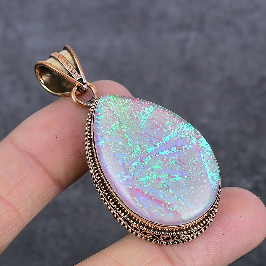 Pink Triplet Opal Gemstone Handmade Copper Jewelry Pendant 2.25″ n778