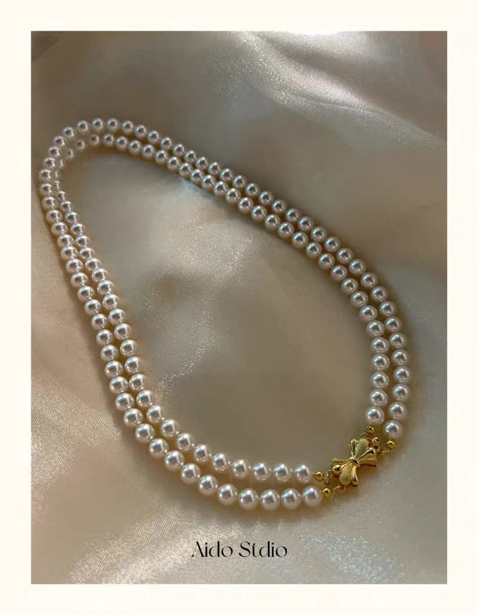 Double stranded AAA 6mm natural akoya white pearl necklace 40CM18K gold buckle