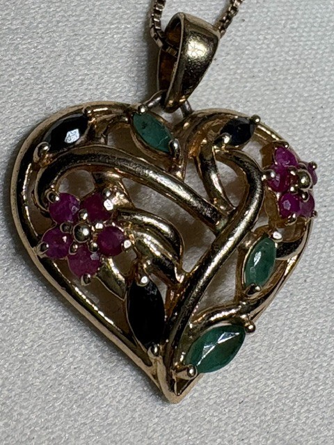 925 Italy Chain & 925 Heart Pendant Gold‑Plated Ruby Sapphire Emerald 17″