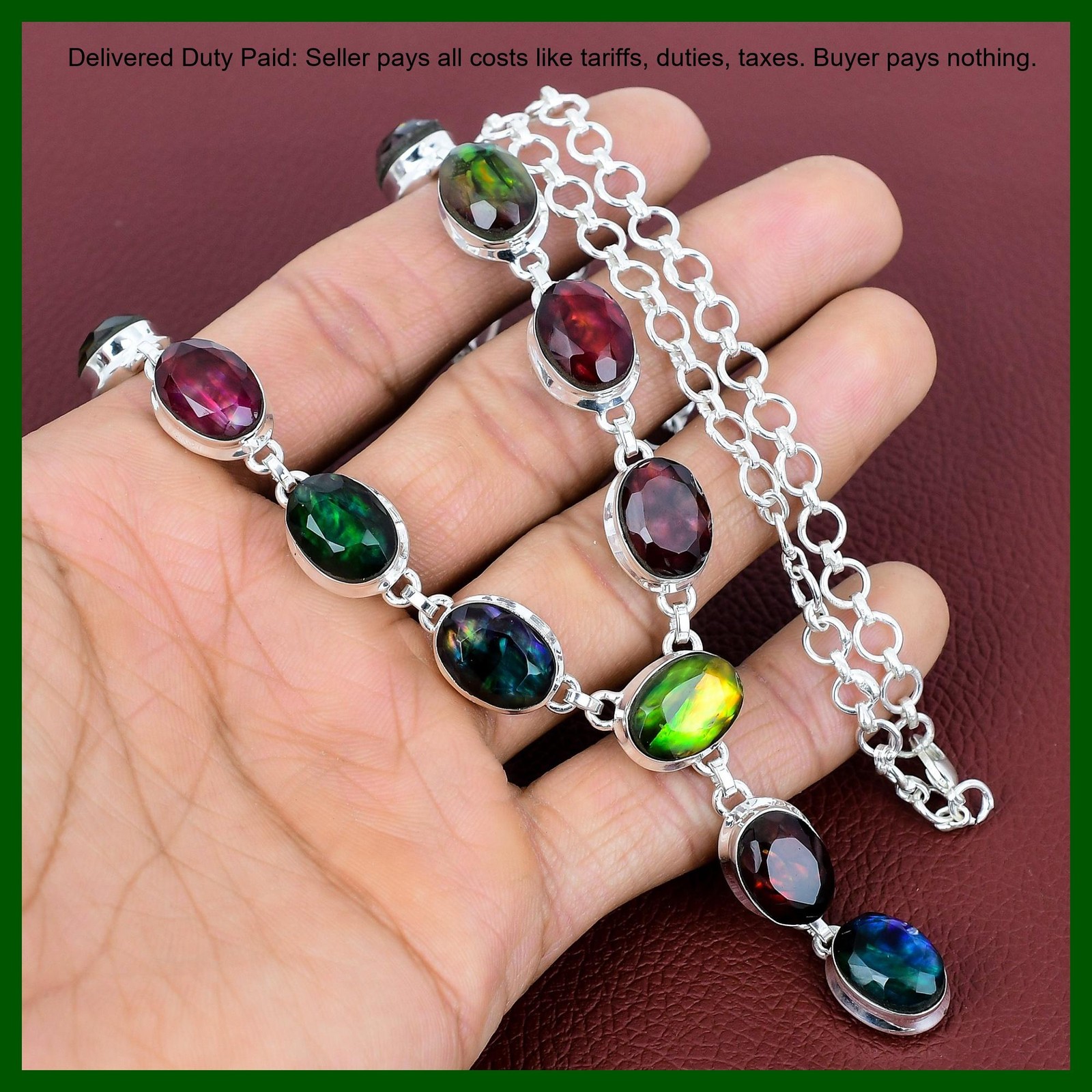 Oval Natural Ammolite 925 Sterling Silver Birthday Bezel Wife New Chain Necklace