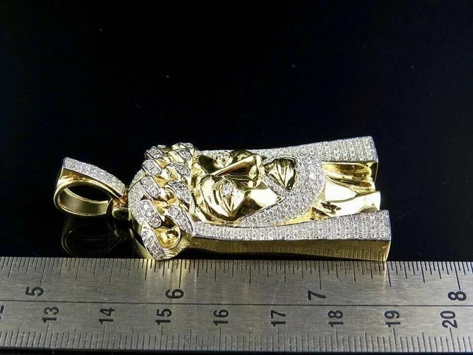1.10Ct Lab Created Moissanite Jesus Face Pendant Real 10K Yellow Gold Chain