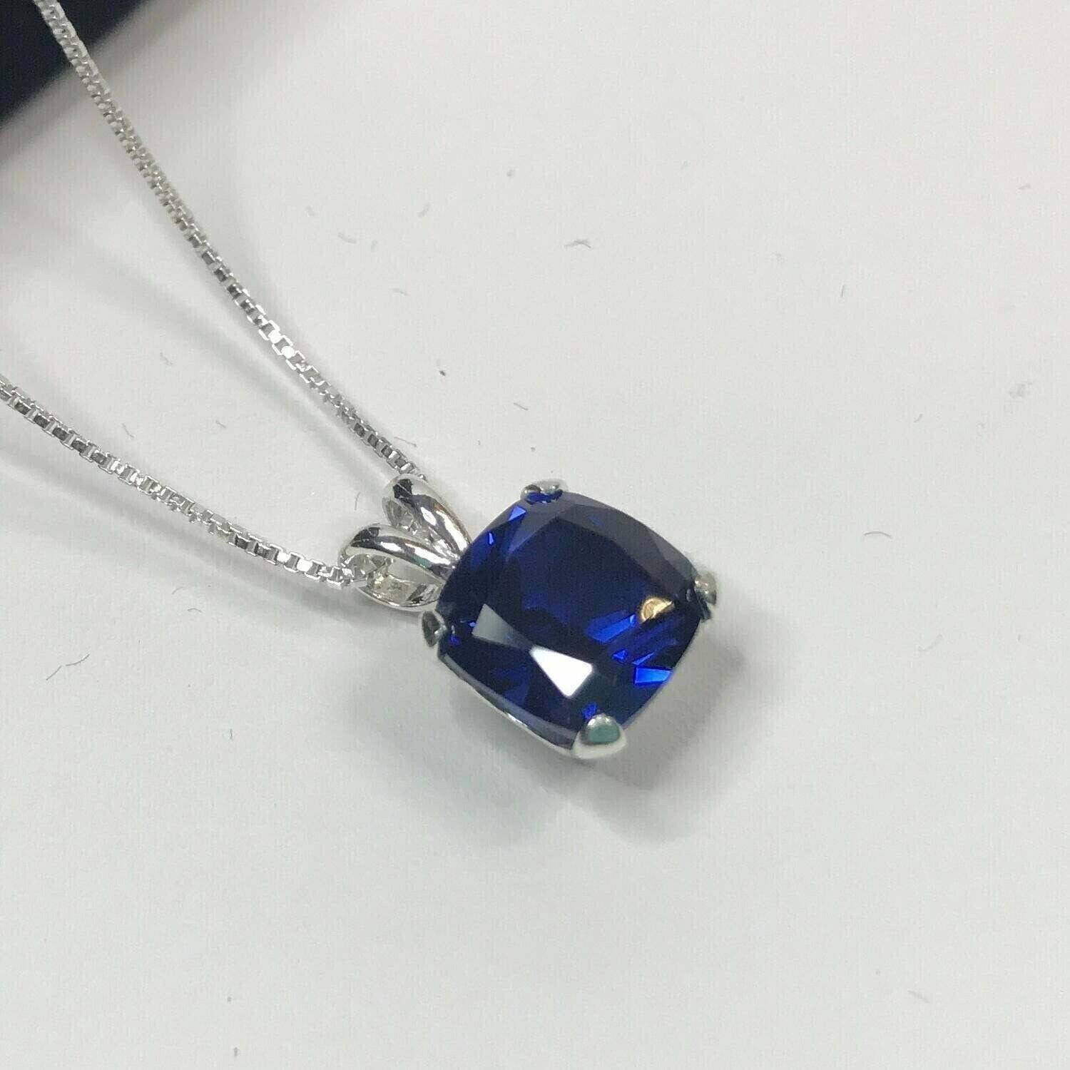 2Ct Cushion CutLab-Created Blue Sapphire Solitaire Pendant 14K White Gold Plated