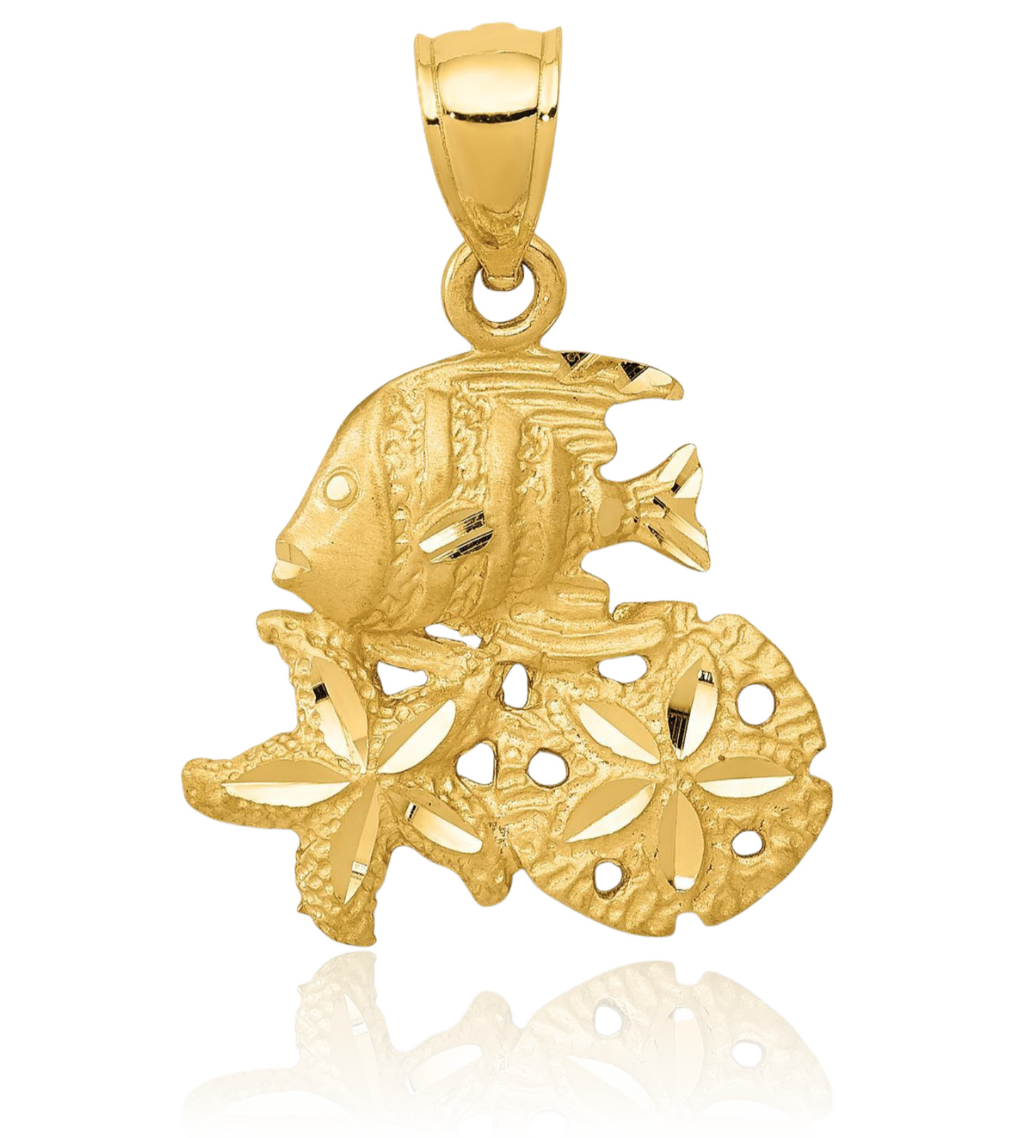 14K Solid Yellow Gold Medium Sea Life Pendant Necklace 23.5mm 0.9 inch Diamond