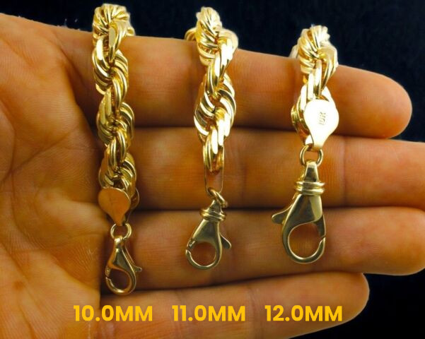 10K Yellow Gold SOLID Rope Bracelet Chain Diamond Cut Men Women 1mm-10mm 7″-9″