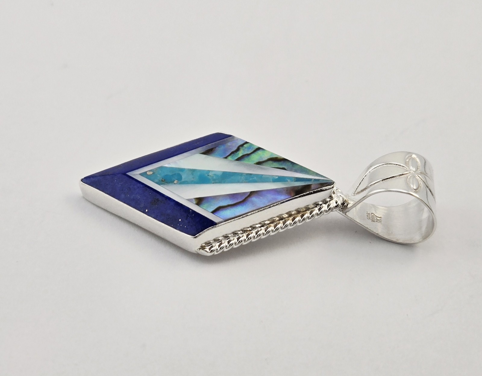 VTG Jay King Style Sterling Silver Abalone Lapis Mosaic Inlay Diamond Pendant 10
