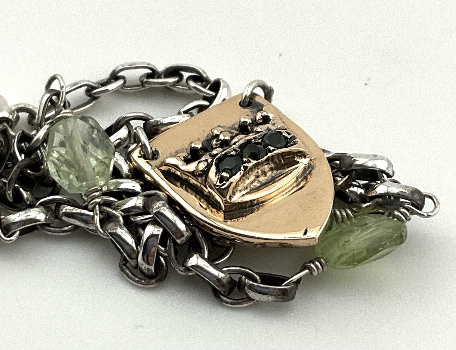 14k 4g Shield Crown Signed De Anne Necklace Sterling Chain Peridot Stones