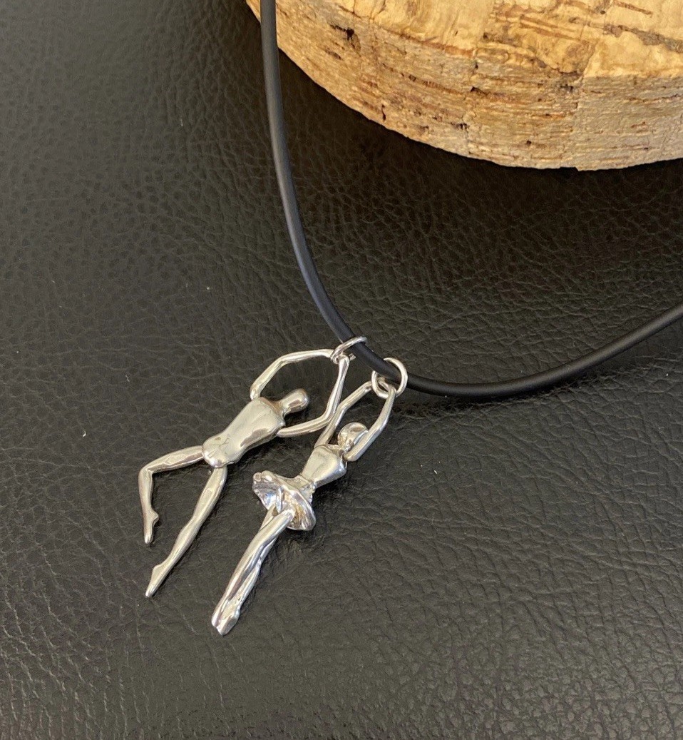Ballet Dancers (2) Sterling Sculptural Pendant Male Female Choker Lobster Clasp
