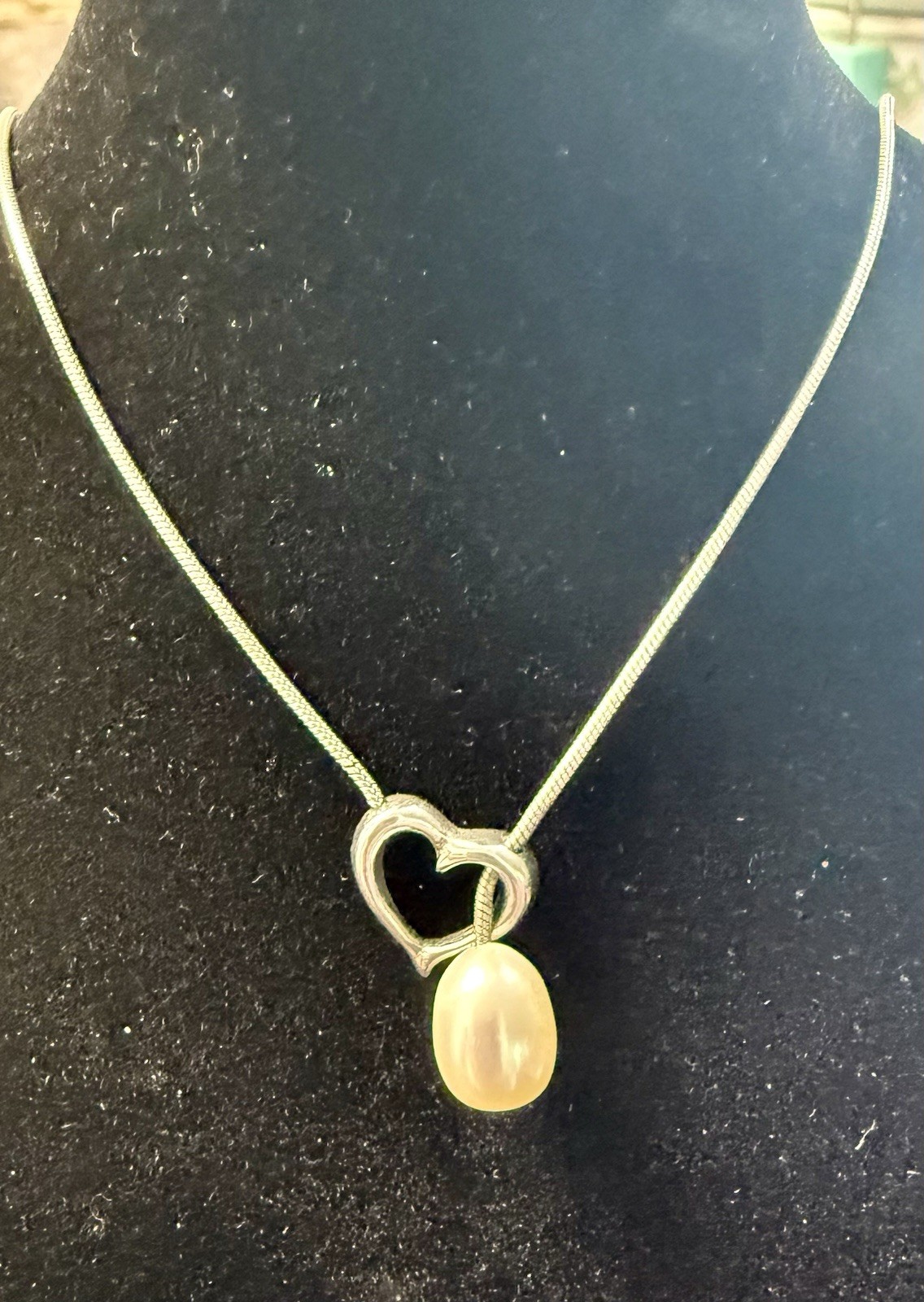 925 Sterling Silver Heart Pendant Necklace Cultured Pearl Snake Chain